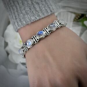 Vintage Sterling Silver 925 Moonstone Cabochon Link Bracelet 6.5" 20g